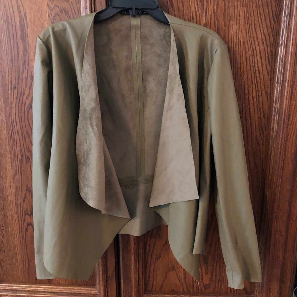 Zara Basic Leather Jacket, Khaki, Suede Lapels An… - image 2
